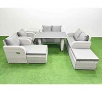 Fimous 8 Pieces Outdoor Pe Rattan Sofa Reclining Chair Set With Cushions Side Table 2 Big Stools Light Grey