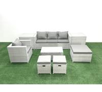 Fimous 8 Pieces Rattan Garden Furniture Set Outdoor Garden Sofa Chair Coffee Table Set 2 Side Tables 3 Stools Light Grey