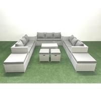 Fimous 8 Pieces Rattan Garden Furniture Set Outdoor Garden Sofa Coffee Table Set 4 Stools Light Grey