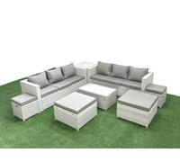 Fimous 8 Pieces Rattan Garden Furniture Set Outdoor Garden Sofa Coffee Table Set with Side Table 4 Footstools Light Grey Mixed