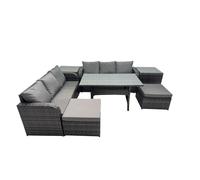 Fimous 8 Seat Outdoor Dining Table Sofa Set with 2 Big Stools 2 Side Tables