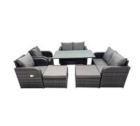 Fimous 8 Seat Outdoor Wicker PE Rattan Garden Furniture Set Dining Table Sofa Sets with 2 Big Stools Dark Grey Mixed