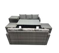 Fimous 8 Seat Outdoor Wicker PE Rattan Garden Furniture Set Dining Table Sofa Set with 2 Big Stool Side Table Dark Grey Mixed