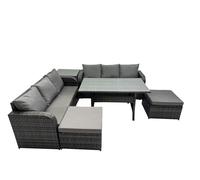 Fimous 8 Seat Outdoor Wicker PE Rattan Garden Furniture Set Dining Table Sofa Set with 2 Big Stools Side Table Dark Grey Mixed