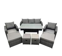 Fimous 8 Seat Outdoor Wicker PE Rattan Garden Furniture Set Dining Table Sofa Set with 4 Stools Dark Grey Mixed