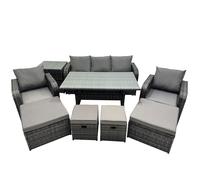 Fimous 8 Seat Outdoor Wicker PE Rattan Garden Furniture Set Dining Table Sofa Set with 4 Stools Side Table Dark Grey Mixed