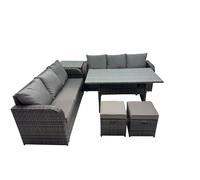 Fimous 8 Seat Outdoor Wicker PE Rattan Garden Furniture Set Dining Table Sofa Set with Side Table 2 Small Stools Dark Grey Mixed Dark Grey