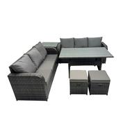 Fimous 8 Seat Outdoor Wicker PE Rattan Garden Furniture Set Dining Table Sofa Set with Side Table 2 Small Stools Dark Grey Mixed