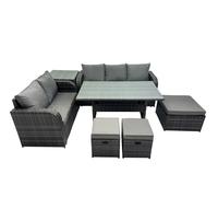 Fimous 8 Seat Outdoor Wicker PE Rattan Garden Furniture Set Dining Table Sofa Sets with 3 Stools Side Table Dark Grey Mixed