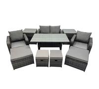 Fimous 8 Seat Outdoor Wicker PE Rattan Garden Furniture Set Dining Table Sofa Sets with 4 Stools 2 Side Table Dark Grey Mixed