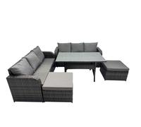 Fimous 8 Seat Outdoor Wicker PE Rattan Garden Furniture Sets Dining Table Sofa Set with 2 Big Stools Dark Grey Mixed