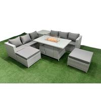 Fimous 8 Seat PE Rattan Lounge Sofa Set Outdoor Garden Furniture Set with Fire Pit Dining Table 3 Seater Sofa 2 Stools Side Table Light Grey