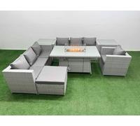 Fimous 8 Seat Rattan Sofa Set Outdoor Garden Furniture Set Firepit Table in Light Grey Fimous Light Grey