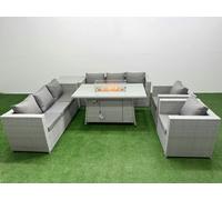 Fimous 8 Seat PE Rattan Lounge Sofa Set Outdoor Garden Furniture Set with Firepit Dining Table 3 Seater Sofa Side Table Light Grey