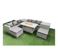 Fimous 8 Seat PE Rattan Lounge Sofa Set Outdoor Garden Furniture Set with Firepit Dining Table 3 Seater Sofa 2 Stools 2 Side Tables Light Grey