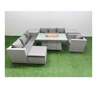 Fimous 8 Seat Rattan Sofa Set Outdoor Garden Furniture Set Firepit Table in Light Grey Fimous Light Grey
