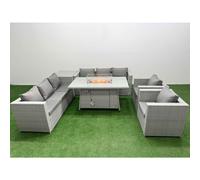 Fimous 8 Seat PE Rattan Lounge Sofa Set Outdoor Garden Furniture Set with Firepit Dining Table 3 Seater Sofa Side Table Light Grey