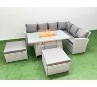 Fimous 8 Seat Rattan Garden Furniture Corner Sofa Set Gas Firepit Table Set in Light Grey Fimous Light Grey