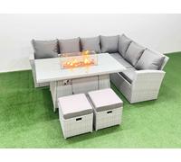 Fimous 8 Seat Rattan Garden Furniture Corner Sofa Set Outdoor Gas Fire Pit Table Set with 2 Small Footstools Light Grey