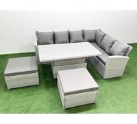 Fimous 8 Seat Rattan Garden Furniture Corner Sofa Set Outdoor Adjustable Lifting Dining or Coffee Table Set with Armchair 2 Big Footstools Light Grey