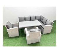 Fimous 8 Seat Rattan Garden Furniture Corner Sofa Set Outdoor Adjustable Lifting Dining or Coffee Table Set with 2 Armchairs Light Grey