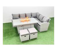 Fimous 8 Seat Rattan Garden Furniture Corner Sofa Set Outdoor Gas Fire Pit Table Set with 2 Small Footstools Light Grey