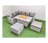 Fimous 8 Seat Rattan Garden Furniture Corner Sofa Set Outdoor Gas Fire Pit Table Sets with 2 Big Footstools Light Grey