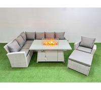 Fimous 8 Seat Rattan Garden Furniture Corner Sofa Set Outdoor Gas Fire Pit Table Sets with Big Footstool Light Grey