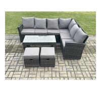 Fimous 8 Seat Rattan Garden Furniture Corner Sofa Set Outdoor Patio Sofa Table Set with 2 Small Footstools Dark Grey Mixed