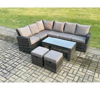 Fimous 8 Seat Rattan Garden Furniture Corner Sofa Set Outdoor Patio Sofa Table Set With 2 Small Footstools Dark Grey Mixed