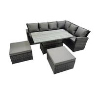Fimous 8 Seat Rattan Garden Furniture Corner Sofa Set Outdoor Adjustable Lifting Dining or Coffee Table Set with 2 Big Footstools Dark Grey Mixed