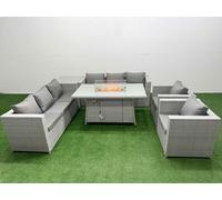 Fimous 8 Seat PE Rattan Lounge Sofa Set Outdoor Garden Furniture Set with Fire Pit Dining Table 3 Seater Sofa Side Table Light Grey