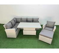 Fimous 8 Seat Rattan Outdoor Garden Furniture Corner Sofa Set Adjustable Lifting Dining or Coffee Table Set with Footstool Light Grey