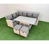 Fimous 8 Seat Rattan Outdoor Garden Furniture Corner Sofa Set Adjustable Lifting Dining or Coffee Table Set with Armchair 2 Small Footstools
