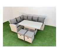 Fimous 8 Seat Rattan Garden Furniture Corner Sofa Set Adjustable Lifting Dining or Coffee Table with Armchair 2 Small Footstools Light Grey
