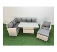 Fimous 8 Seat Rattan Outdoor Garden Furniture Corner Sofa Set Adjustable Lifting Dining or Coffee Table Set with Footstool Light Grey