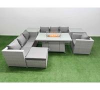 Fimous 8 Seat PE Rattan Lounge Sofa Set Outdoor Garden Furniture Set with Fire Pit Dining Table 3 Seater Sofa Big Stool 2 Side Tables Light Grey