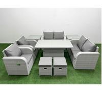 Fimous 8 Seater Adj Height Table Set, Rattan Garden Furniture, Reclining Love Sofa, 2 Stools and 2 Side Tables, Light Grey