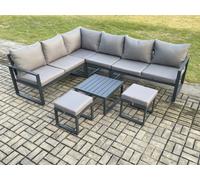 Fimous 8 Seater Aluminium Garden Furniture Set Outdoor Lounge Corner Sofa Coffee Table Sets With 2 Small Footstools Dark Grey