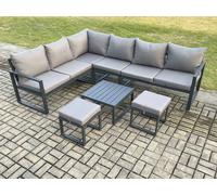 Fimous 8 Seater Aluminium Garden Furniture Set Outdoor Lounge Corner Sofa Square Coffee Table Sets with 2 Small Footstools Dark Grey