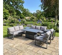Fimous Garden Aluminium Furniture Set Dark Grey 8 Seater Outdoor Patio Adjustable Rising Lifting Dining Table with 2 Chairs 2 Side Tables Dark Grey