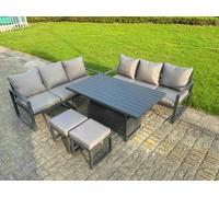 Fimous 8 Seater Aluminium Garden Furniture Set with Adjustable Rising Dining Table, 2 Sofas, 2 Footstools - Dark Grey