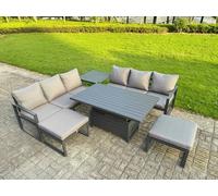 Fimous 8 Seater Aluminium Garden Furniture Set with Adjustable Rising Dining Table, 2 Sofas, Side Table, 2 Footstools - Dark Grey