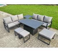 Fimous 7 Pieces Garden Furniture Set Aluminium Adjustable Rising Lifting Dining Table and Sofa Set with Side Table 3 Footstools Dark Grey