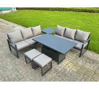 Fimous 8 Seater Aluminium Garden Furniture Set with Adjustable Rising Dining Table, 2 Sofas, Side Table, 2 Footstools - Dark Grey