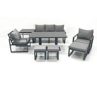 Fimous 8 Seater Aluminium Outdoor Garden Furniture Set with Adjustable Rising Lifting Dining Table 3 Seater Sofa 2 Chair 3 Footstool Side Table