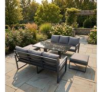 Fimous 8 Seater Aluminium Outdoor Garden Furniture Set with Adjustable Rising Lifting Dining Table 2 Big Footstool Dark Grey