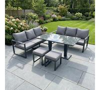 Fimous 8 Seater Aluminium Outdoor Garden Furniture Set with Adjustable Rising Dining Table, 2 Sofas, 2 Footstools - Dark Grey