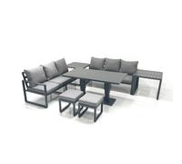 Fimous 8 Seater Aluminium Outdoor Garden Furniture Set with Adjustable Rising Lifting Dining Table 2 Small Footstool 2 Side Tables Dark Grey
