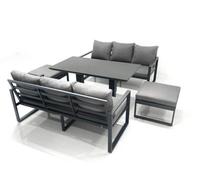 Fimous 8 Seater Aluminium Outdoor Garden Furniture Set With Adjustable Rising Lifting Dining Table 3 Seater Sofa 2 Big Footstool